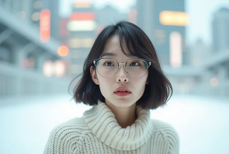 Majestic Japanese woman with short bob hair,Music album cover style, sweater, The latest glasses, All white, The background is a city,