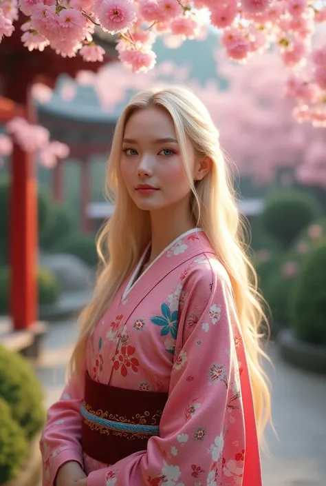 Blond haired Nordic beauty wearing bright kimono . Japanese style looking at flowers under blossoming cherry blossom trees.