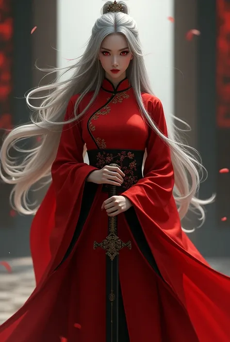 Facing the front
1 woman，
 red Chinese dress ，
Long Hair，Gray Hair， Red Eyes，assassin