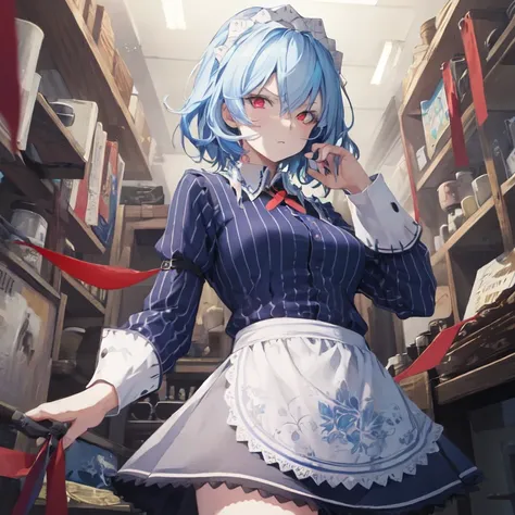 masterpiece, Best Quality,   1 girl, Alone, Light blue hair, Maid Dress,  White Apron ,  Short skirt ,  sexy pose , Sleeveless Clothes , Detailed face, Detailed eyes, Fresh Red Eyes ,  Big Red Ribbons , Blue clothes, Mid-chest, girl with red bow tie ,  whi...