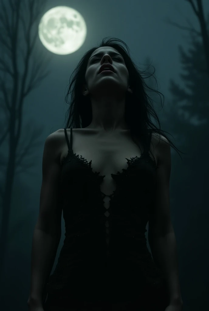 a sexy woman howling at the moon as she transforms into a ferocious werewolf, cinematic still, a24 .com