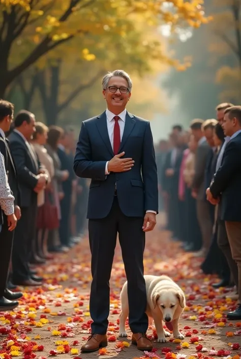 a man in a professional suit stands with his right hand on his chest, bowing  with a warm smile, welcoming people wThe pathway is covered with scattered colorful flowers,  maximum number of people I mean crowd coming lots of body girl men etc
On other side...