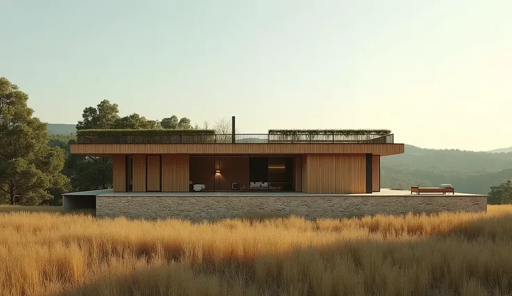 (photo raw) vue lointaine dune villa contemporaine en bardage bois vertical, très minimaliste, toiture terrasse végétalisée, la villa se trouve dans un paysage avec un léger relief, en Provence, au milieu des champs et des bois. Les façades sont simples av...