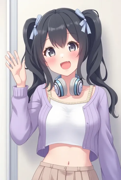 Twenty-five years old anime girl who  has long hair, (((grey eyes, black hair))), ((twintails, blue hair ribbon)), medium breasts, pink lips, with ribbon hair clips, wearing light purple cardigan over the white crop top, speaking and laughing, headphones a...