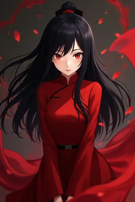 Facing the front
1 woman， about high school age
red china dress，
Long Hair，Black Hair， Red Eyes，assassins
Anime style 