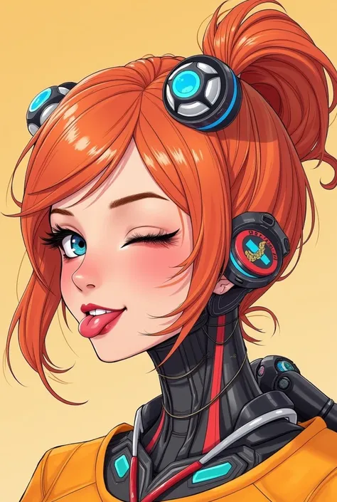 Flat Anime style of a woman cyborg, she has seamless robotic parts joined to her neck, vibrant smile, eyeliner, tongue out, winking 