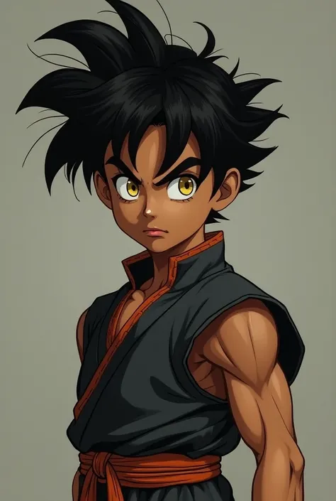 Curly haired  boy wearing combat clothes just like Vegeta
, yellow eyes, Brown skin 
Full body image 
