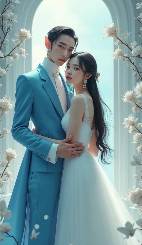 A pointy man in a blue formal dress poses for a group photo holding a woman in a white formal dress from behind，dream, Heterochromia, earrings, Long hair, Chinese comic style, 雪白色dream背景，8k，The fisheye lens border is blank plus some snow-white instruments