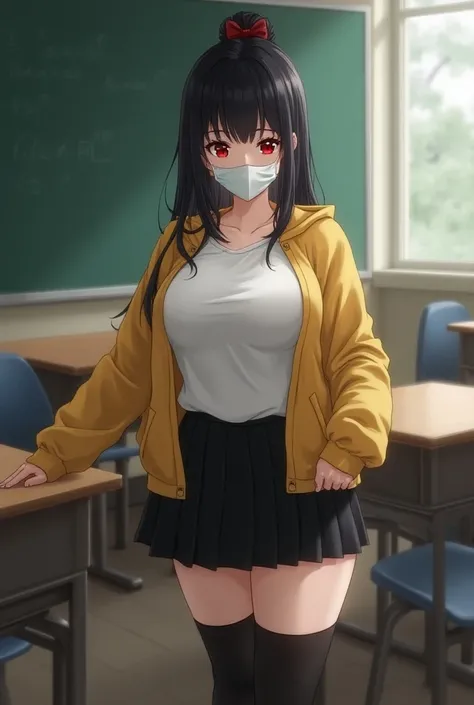 Big Breasts,School T-shirt, t-shirt over yellow cardigan,Big Breasts,Black Hair,One bun hair ,Red ribbon,Big Breasts,White Mask,Thick thighs, black skirt, loose socks,Big Breasts,In the classroom,High school girl,uniform,Red eyes,Anime Style,In the classro...