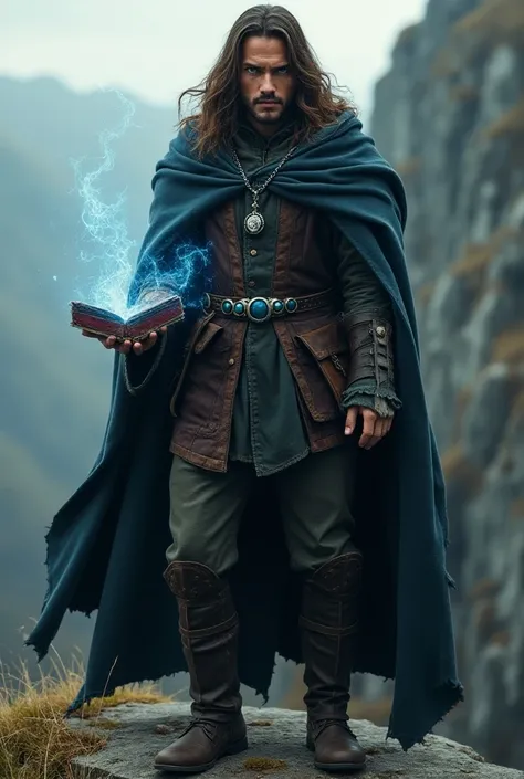 Id like you to play a 30-year-old powerful role-playing wizard, man, thin, flowing brown hair, tanned brown skin, dressed in old dark dragon-skin clothing ,  covers with lots of pockets and a hood , , a blue eye and the other white, and an ancient tomus in...