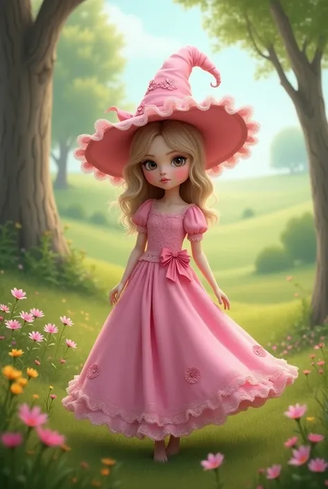  A witch dressed in pink, with her pink hat 