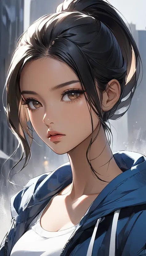 A close-up view of a semi-realistic anime-style woman, aged 21, with long, sleek black hair styled in a high ponytail. She has smooth light brown skin with a natural glow, giving her a vibrant but serious appearance. Her face is softly rounded yet symmetri...