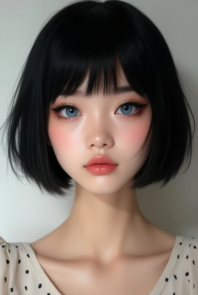 ((Extremely realistic)), ( super real), generate a highly realistic image, white backdrop,,15-year-old female,blackのshort bob hair, Im hiding my forehead with bangs,blue eyes,Long False Eyelashes,Thick lips,Clear eyeliner、 Open the center of your lips、extr...