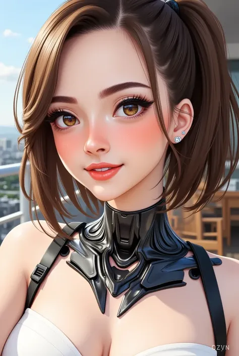 anime illustration, a woman cyborg, she has seamless robotic parts joined to her neck, vibrant smile, eyeliner