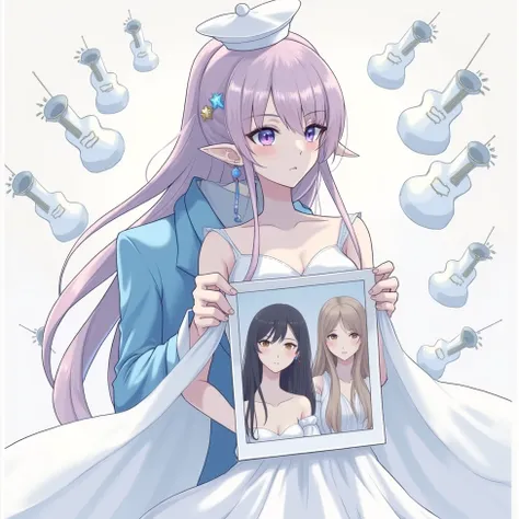  A pointed man in a blue formal dress holding a group photo of a woman in a white formal dress from behind，dream, Heterochromia, earrings, Long hair, Anime style, 雪白色dream背景，8k，Fisheye lens，White border plus some snow-white musical instruments 