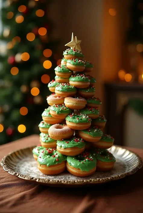 a realistic close up photo of a donut christmas tree with green icing and Christmas sprinkles, well-defined and realistic shapes, inside a luxurious Arabic tray on a wooden table with a brown tablecloth and in the blurred background we have a Christmas tre...