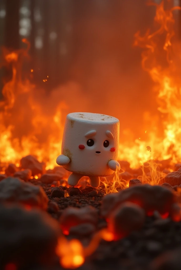 Marshmallow walking in fire that is scared