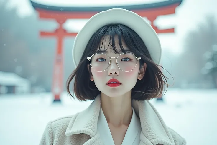 Majestic Japanese woman with short bob hair,Music album cover style, fashionable coat, The latest glasses, All white, The background is a city,