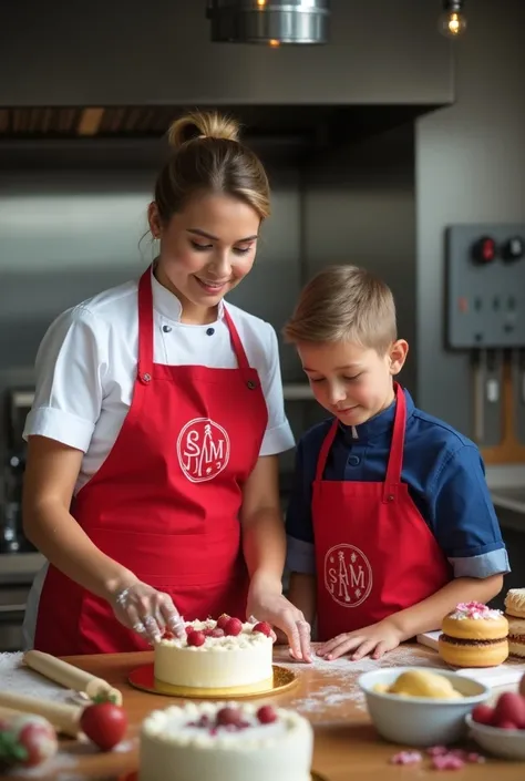 Create a photo of a female pastry chef and a young man making cakes ,  this young man must be dressed in red and blue since he is a student at the SANTA RAFAELA MARIA CHOTA school, The initials SRM 