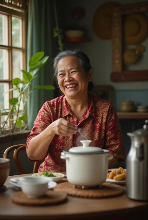 Indonesian woman playing with rice cooker in a modest dining room 😂