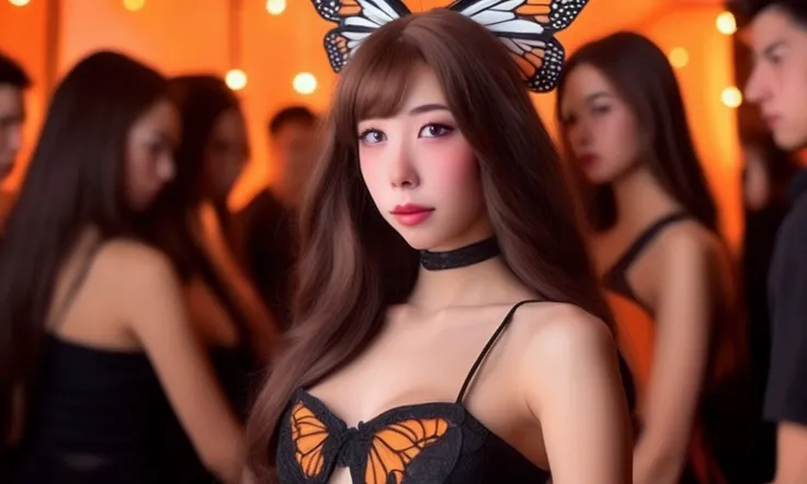 a beautiful young woman with an ornate butterfly costume at a crowded sexy costume party, many aroused party guests, lesbian lust, spooky living room decor, 1girl, beautiful detailed eyes, beautiful detailed lips, extremely detailed face and eyes, long eye...