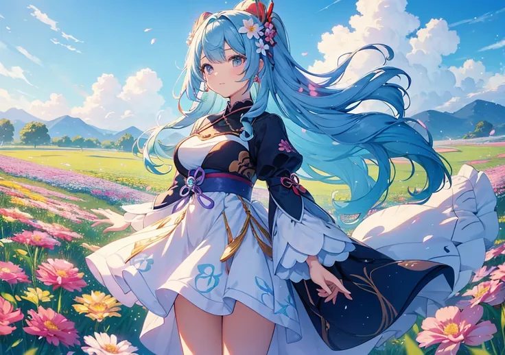 A Disney princess-esque girl standing in a flower field. She is surrounded by colorful flowers like those in Genshin Impact, and her fluffy hair is blowing in the wind. A soft blue sky is in the background