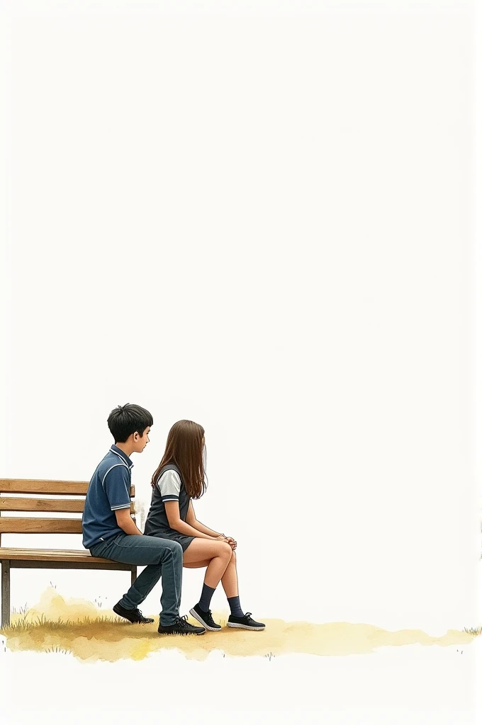 A boy sitting on a bench is looking at a girl sitting on the bench ahead. The girl is beautiful in appearance. Both of them are also wearing college uniform. This scene is from college. Water painting. background white canvas