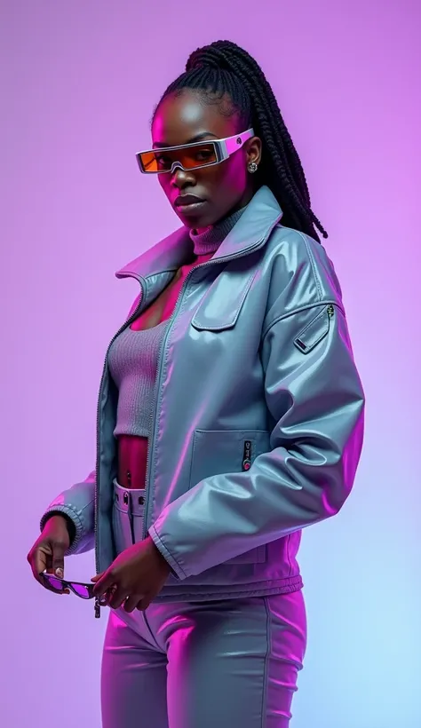 "Lee Lemon" a full-body photograph of a beautiful and elegant black woman with dreadlocks hair, in a futuristic suit, holdingng an smart glasses and looking at the camera.she is wearing a reflective grey jacket with neon accents, and her hair is tied back ...