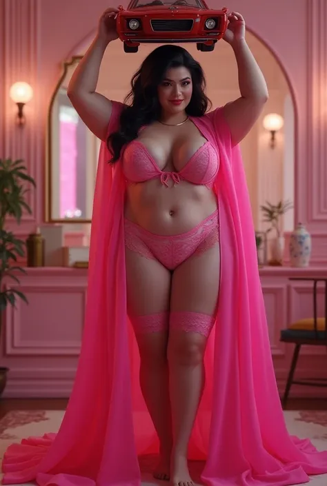 Bright pink taffeta from  [Psychedelic]  The AVN Award for Apocalust and The Sims 4 ,  Goddess of Desire for deep V-neck BARE BREASTS by Plus Size Voluptuous Exhibitionist Lover with breast cleavage Breasts:   The costume features pale pink lace lingerie ,...