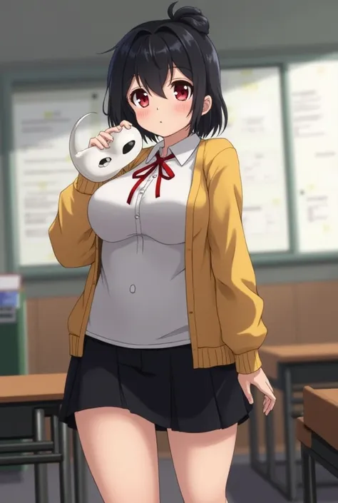 Big Breasts, School T Shirt , School T Shirt の上に黄色のカーディガン,Big Breasts,Black Hair, short hair bun hair ,Red ribbon,Big Breasts,White Mask,Thick thighs, black skirt, loose socks,Big Breasts,In the classroom,High school girl,uniform,Red eyes,Anime Style,In th...