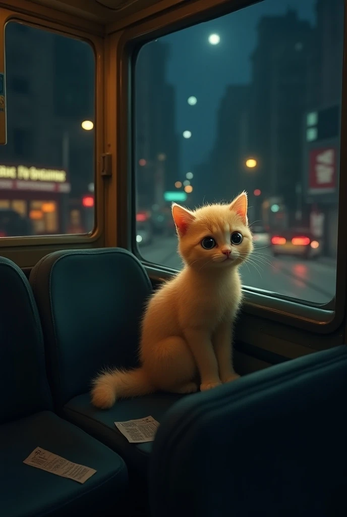  Funny kitten who is a bus passenger,  inside a passenger bus , watching from the window .  The bus goes on the road at night  