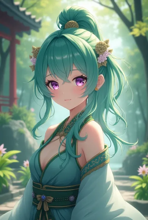 Anime goddess of life, with hair tied in a high ponytail,  two long locks on the sides of her face, water green color, purple eyes.
As a Japanese priestess  