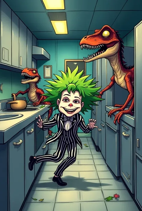 Create a cartoon-style illustration of the iconic kitchen scene from Jurassic Park. In this version, instead of chasing a , the velociraptors are pursuing Beetlejuice. Beetlejuice, with his wild green hair, striped black-and-white suit, and mischievous gri...