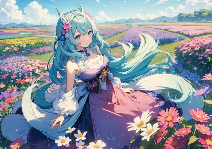 A Disney princess-esque girl standing in a flower field. She is surrounded by colorful flowers like those in Genshin Impact, and her fluffy hair is blowing in the wind. A soft blue sky is in the background