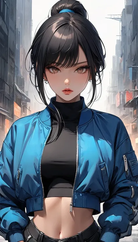 A close-up view of a semi-realistic anime-style woman, aged 21, with long, sleek black hair styled in a high ponytail. She has smooth light brown skin with a subtle glow, adding a hint of vibrance but maintaining a tough and unapproachable aura. Her face i...