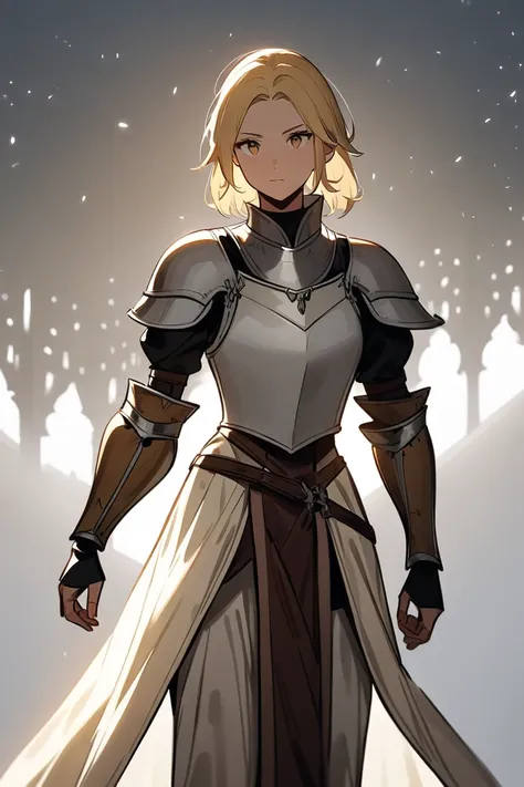 Anime girl, blonde hair, light brown eyes, Slim body, tall stature, dressed in light armor,  medieval fantasy, Fondo minimalista