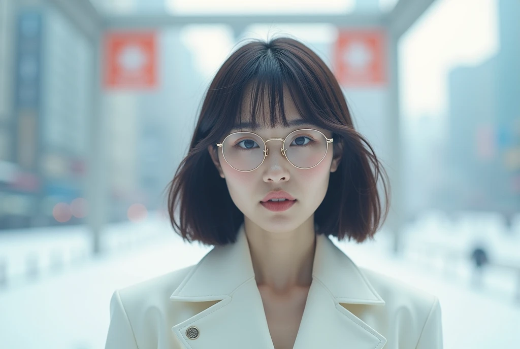 Majestic Japanese woman with short bob hair,Music album cover style, Coat, The latest glasses, All white, The background is a city,