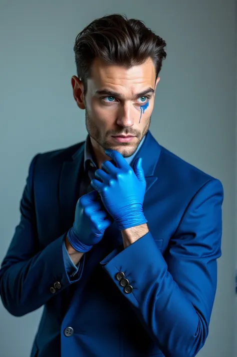 Create a realistic man with a blue suit, blue mascara and blue gloves