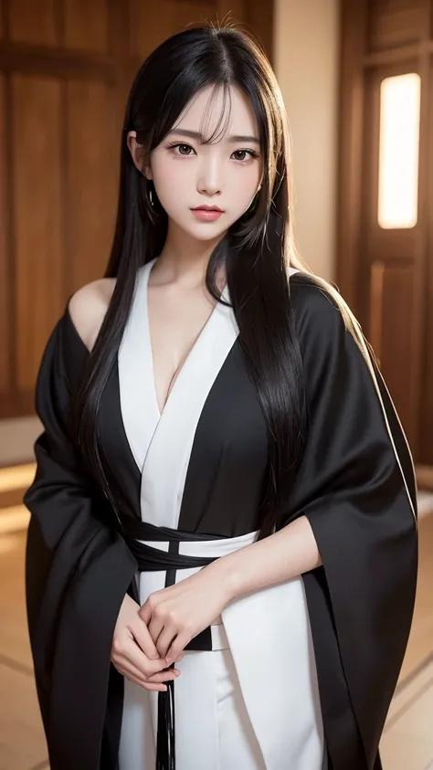 high quality, detailed portrait, 1 girl, wearing a black japanese kimono with a white cloak draped over the shoulders, gorgeous cloak, long black hair, golden earrings, beautiful detailed eyes, beautiful detailed lips, extremely detailed face, longeyelashe...