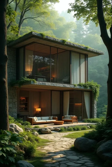 A hidden villa nestled in the middle of a dense forest, surrounded by tall trees and lush greenery. The villa has a rustic, stone exterior with large windows facing the forest, allowing natural light to pour in. The atmosphere is tranquil yet holds a sense...