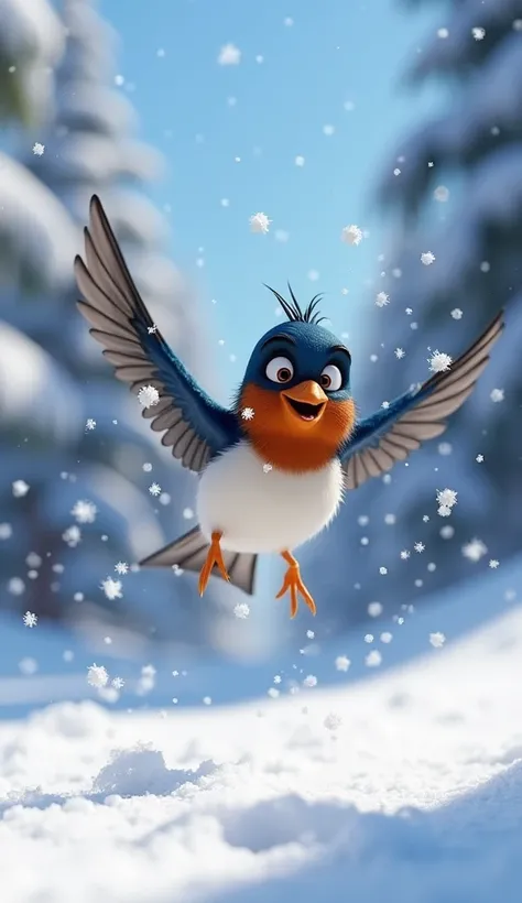 Create a humorous Pixar-style image of a swallow flying awkwardly in a snowstorm. The swallow has a comical expression of surprise, with its eyes wide and feathers ruffled by the wind. Snowflakes are swirling around it, some even sticking to its beak and w...