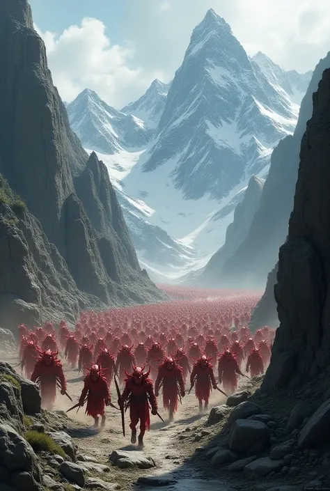  red goblins numbering in the millions are descending from the mountain, in the view from above 