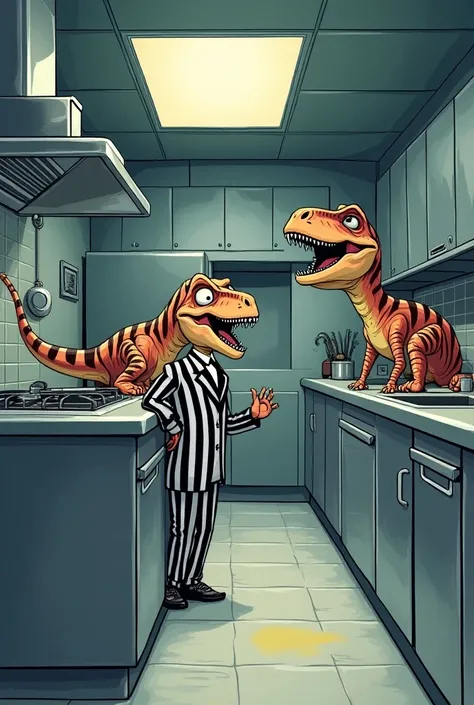 Create a cartoon-style illustration of the iconic kitchen scene from Jurassic Park. In this version, instead of chasing a , the velociraptors are pursuing Beetlejuice ((wearing striped black-and-white suit, and hiding behind a stainless steel counter looki...