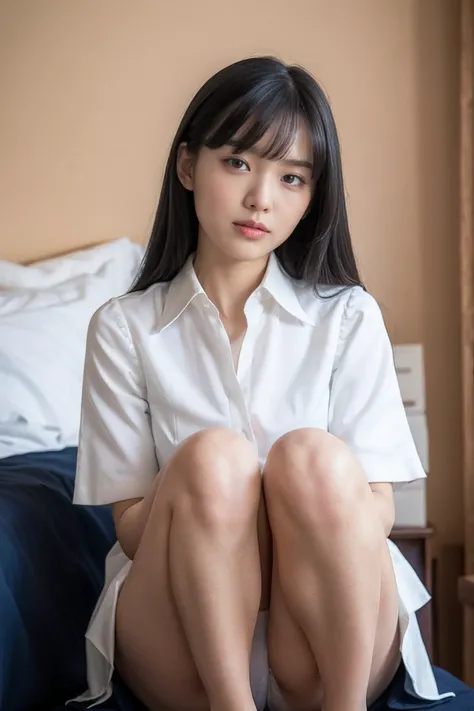 8k、 High Resolution 、masterpiece、Realistic、detailed、fine texture、 high contrast 、Alone、Age 15、High school girl、 cute girl 、Natural body shape、White skin、 natural makeup、 Black Hair 、bangs、( medium hair)、bedroom、(knees up,sitting:1.7)( white panties to be c...