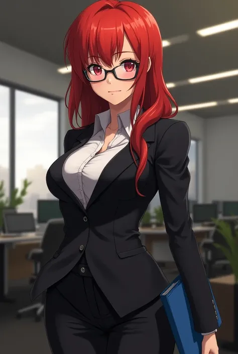 asuka langley , neon genesis evangelion ,((masterpiece, Highest)), ( 1 girl), ( mature woman), (Office lady), bangs, Big Breasts, Woman with glasses, (full), slim, smile, [Wide Hips], Office, standing, got it  (Blue File), 8K quality, Sexy seduction, (open...