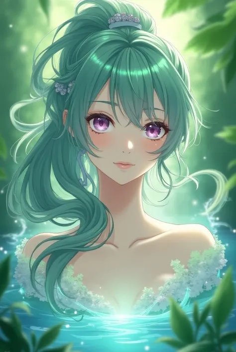 Anime goddess of life, with hair tied in a high ponytail, two locks on the sides of the face, water green color, purple eyes.