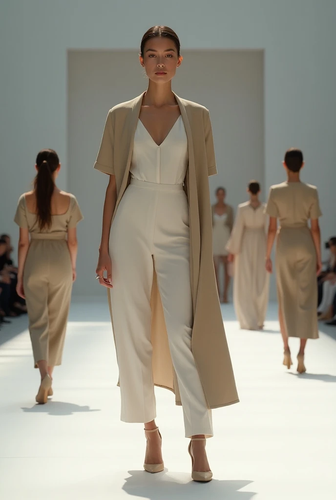 Beautiful girls on Catwalk wearing minimalist clothes and accessories 