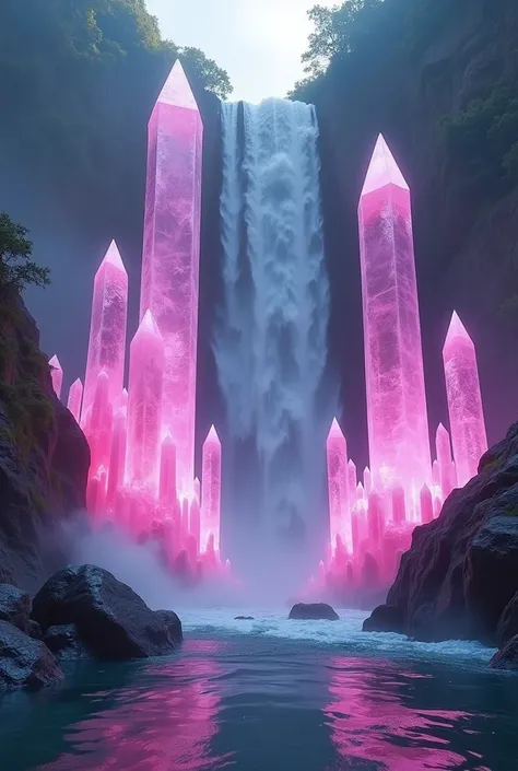 Make these quartz crystals much larger and more bright neon pink in color. Make a large splash at the end of the waterfall and show everything at a down below looking up angle and perspective.