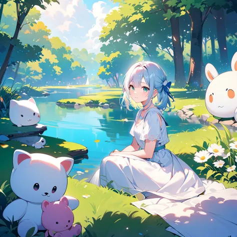  near the pond, (White clothes), Fresh color scheme, theres a stuffed toy, Gallery Art, Popular CG Station, Li Song&#39;s illustrations, Soft Anime, standing on a water lily pad,  sitting on a lotus flower , Cute digital art e meticulosa,  cute art style ,...