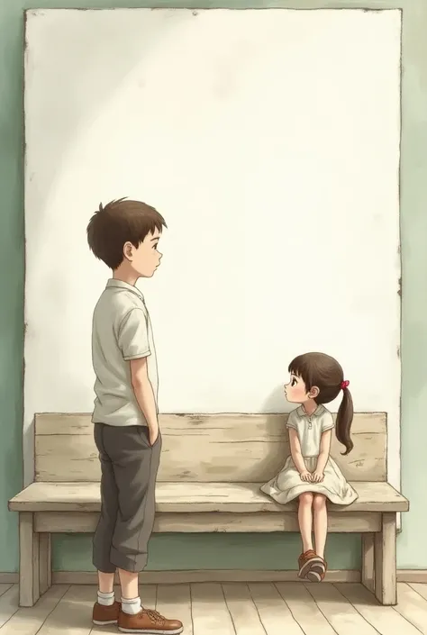 A boy is looking at a beautiful girl sitting alone on a bench from a distance.This song is from the class room. Water painting. There should be a white canvas in the background.